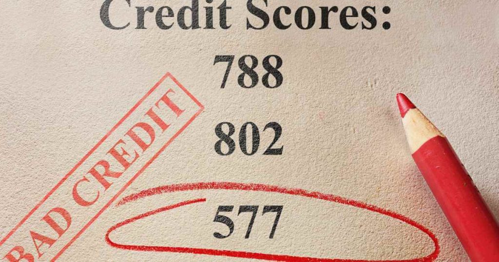 an image of words that say "credit scores" and a list of numbers where the lowest is circled in red and a red stamp says "bad credit" for bad credit car loans
