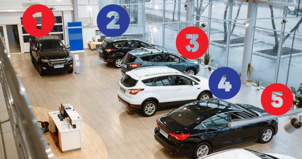 a sales floor of a car dealership with 5 used cars for sale Fresno offers numbered 1-5