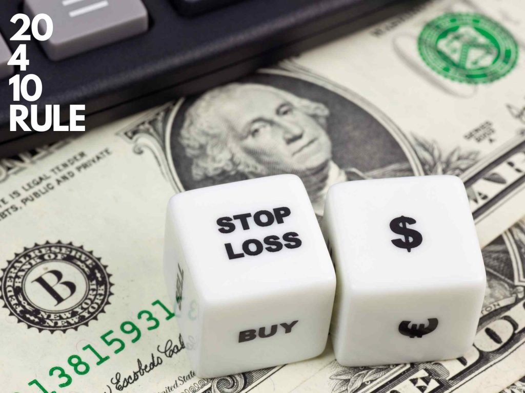 a picture of calculator, a few dollars, and two dice and one says stop loss the other is a dollar sign