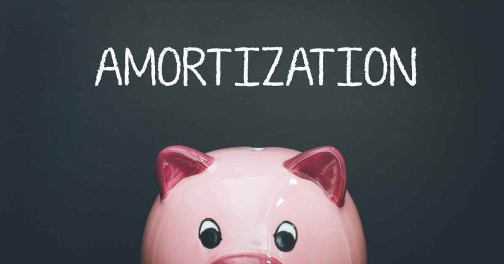 a piggy bank with the word "amortization" above it