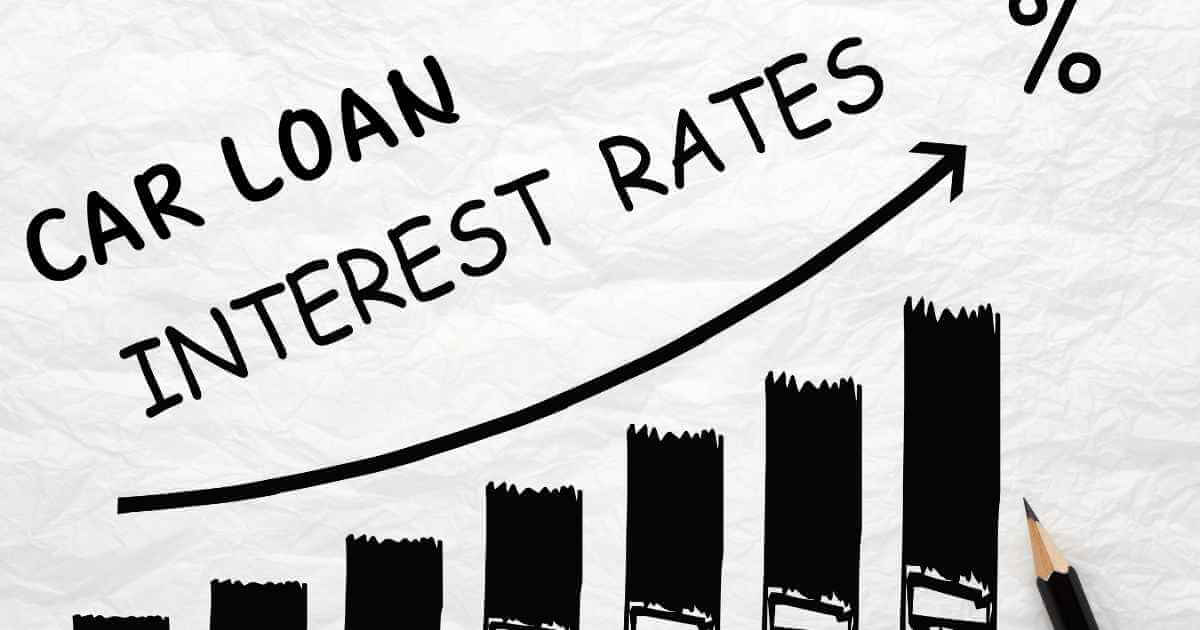 a bar graph trending up with an arrow and % symbol that says car loan interest rates