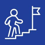 a graphic of a person climbing up a set of stairs toward a goal post