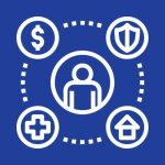 a graphic of a person with a money, health, shield, and home symbol around them