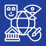 a graphic of a world with a mask, bank, martini glass, and art around it