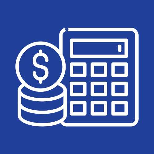 a graphic of a calculator with a stack of coins next to it showing our finance department