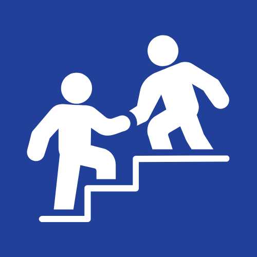 a graphic of two people on a set of steps where the one above is helping the other up
