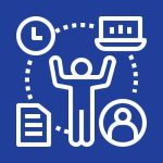 a graphic of a person with a laptop, resume, clock, and person around them