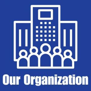 a graphic of a building with human figures in front of it with the words "our organization" beneath it