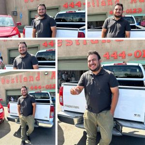 a collage of pictures of one of the Westland Auto Sales In House Financing Car Dealers' team members who is progressively getting more cheerful as the pictures continue to be taken