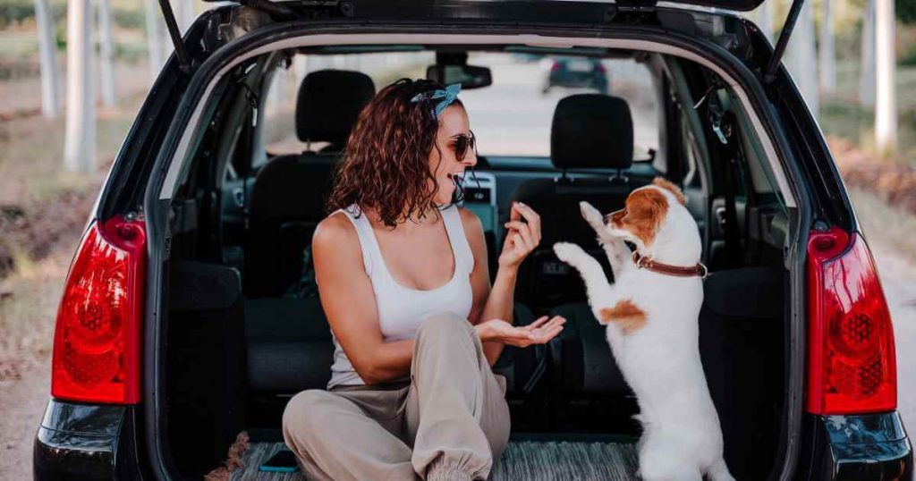 a happy woman playing with her puppy in the hatch of her car after picking the right car selection at no credit dealerships near me