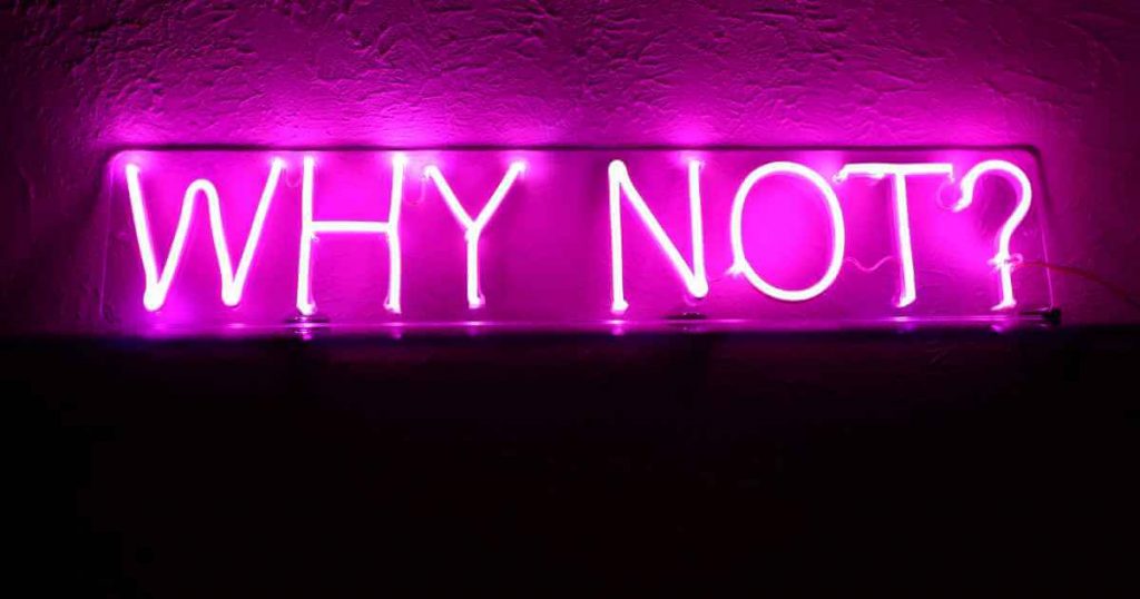 a neon sign that reads "why not?" showing why car lots that don't require driver's license are around