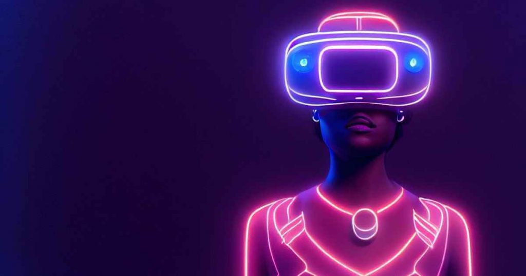 a woman wearing a VR headset and suited up in neon lights showing fantasy vs reality in buy here pay here car dealerships