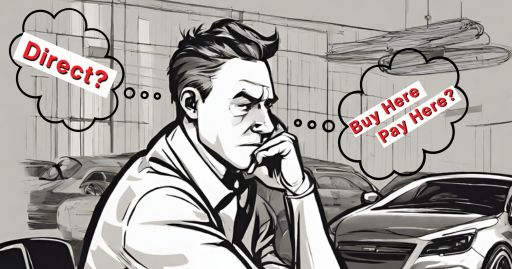 a cartoon image of a man pondering with thought bubbles that read "direct?" and "buy here pay here?" as he ponders is it better to finance through a dealer or bank