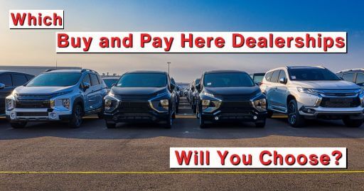 a row of cars next to each other with the sentence "which buy and pay here dealerships will you choose?"