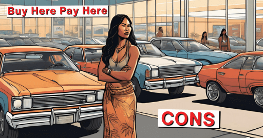 a cartoon image of a woman at a buy here pay here car dealership frustrated about the cons