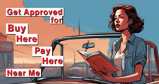 Concept art of a woman next to a car reading a guide with the words get approved for buy here pay here near me in Fresno