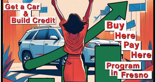 Concept art of a woman cheering in front of an SUV as an arrow depicts her credit improving with the words get a car & build credit buy here pay here program in fresno