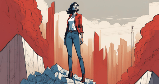 Concept art of a woman standing proud and tall on top of challenges she has overcome because of a buy here pay here program in fresno