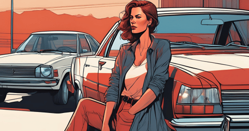 A confident woman leaning against her no credit cars in fresno