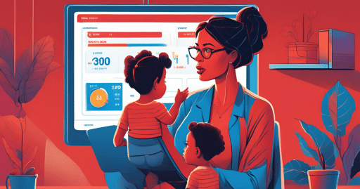Concept art of a single mom with her two kids as she teaches them about credit scores to prepare for a buy here pay here program in fresno