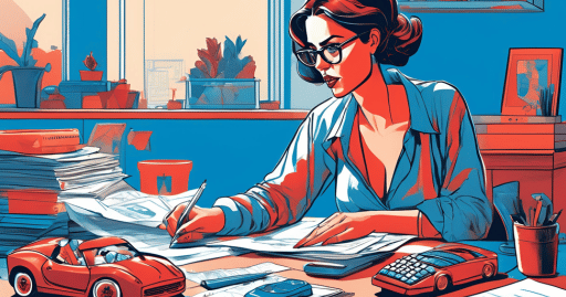 A woman at a desk stacked with papers she is analyzing and a toy car to remind her she's preparing to get approved with car loans for bad credit in Fresno