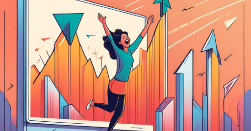 A woman jumping up as arrows display her credit score shooting up because she successfully used her bad credit auto loans in Fresno