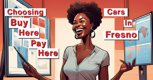 Concept art of a smiling woman feeling confident in her choices with the words choosing buy here pay here cars in fresno