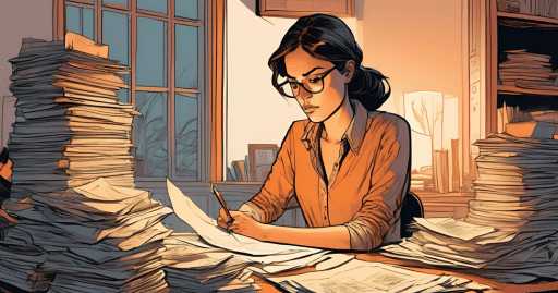 A woman sitting at a desk surrounded by paperwork as she tries to figure out the requirements of bad credit auto loans in Fresno