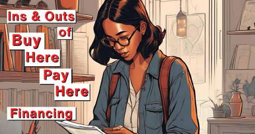 a concept art image of a woman analyzing some papers she's holding that reads ins and outs of buy here pay here financing in Fresno