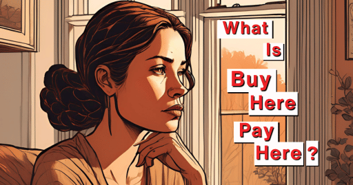 Concept art image of a woman gazing out of a window in deep thought with the words what is buy here pay here financing in Fresno