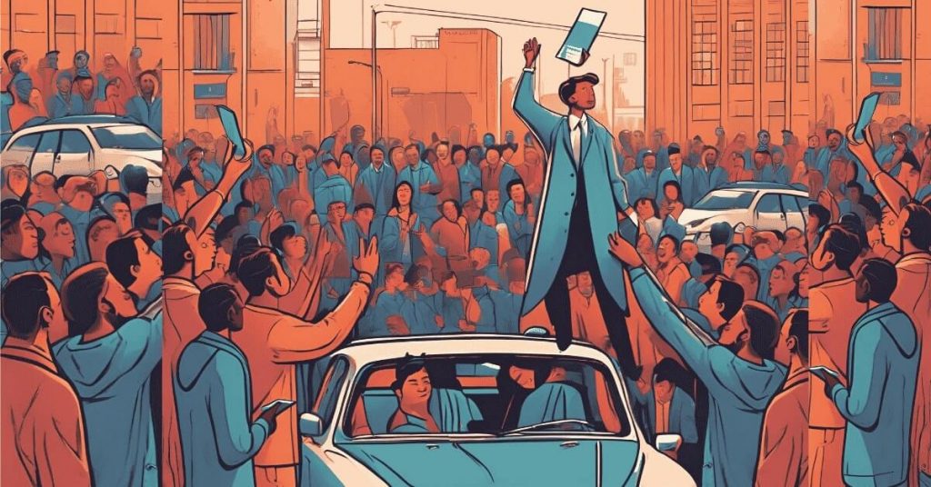 a person standing on top of a car while a crowd of people bid for them through dealer financing in fresno