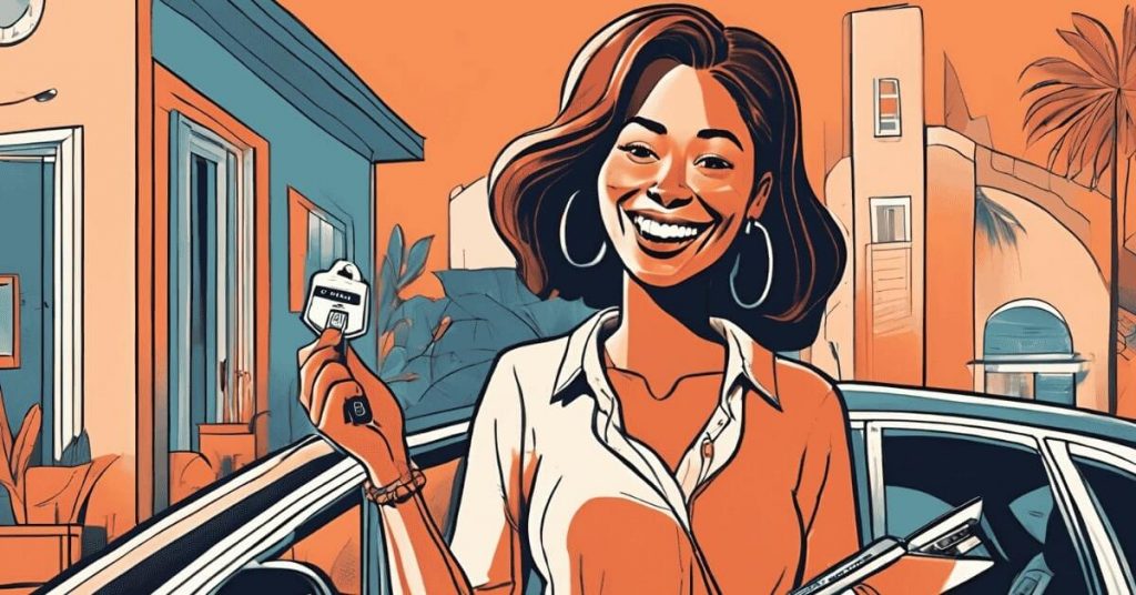 a woman holding a set of keys to a car and smiling