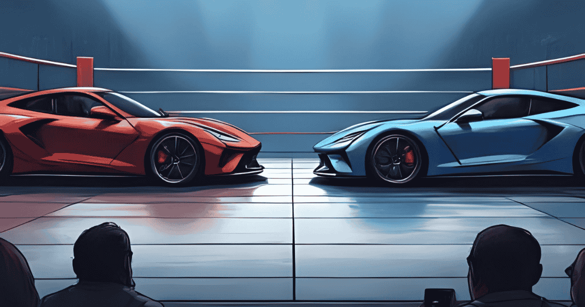 Boxing ring with a red car in one corner and a blue car in the opposing corner representing buy here pay here auto loans in Fresno v traditional car loans