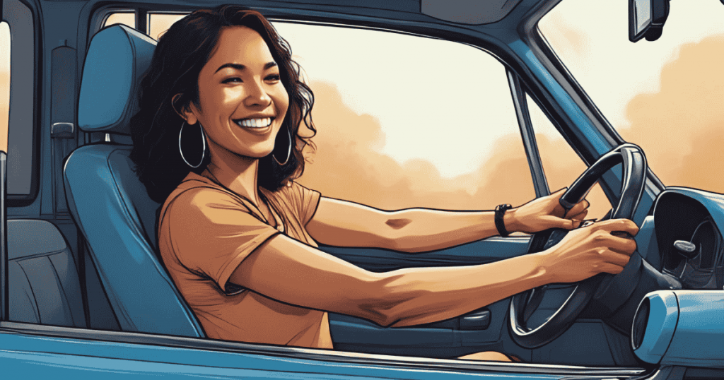 Happy woman driving a reliable used car from a Buy here pay here auto loan in Fresno on a sunny street