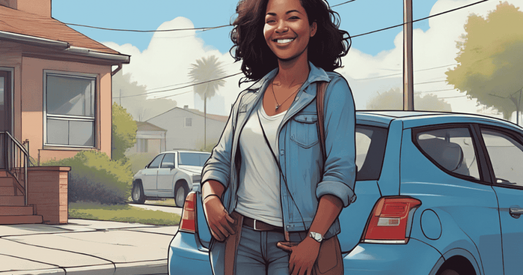 Confident woman happy with her Buy Here Pay Here auto loan in Fresno next to a reliable blue car