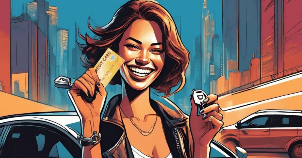 a woman holding a set of keys in one hand and her credit card in the other