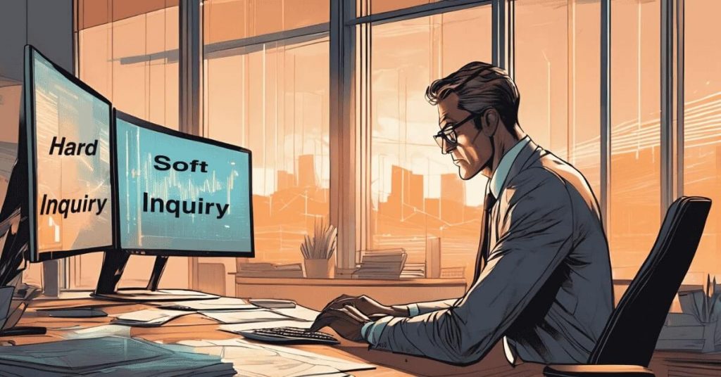 A man with two computer screens in front of him that say "hard inquiry" and "soft inquiry" pondering which of the two he should choose.