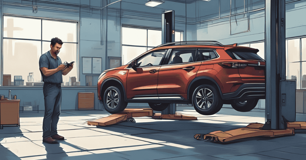 A technician working on a no credit car lots in fresno car lifted at a service bay performing car maintenance