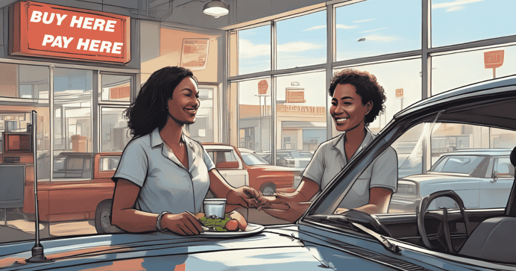 A friendly sales woman assisting a customer at a buy here pay here dealership in Fresno