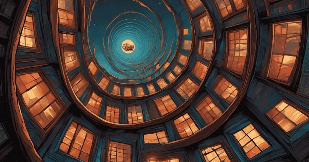 A series of windows in a spiraling vortex leading to a car at the end representing the car loan shopping window