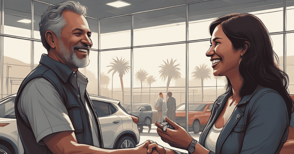 A smiling customer shaking hands with his buy here pay here representative as she hands him the keys to his new vehicle he was able to get with no credit in Fresno.