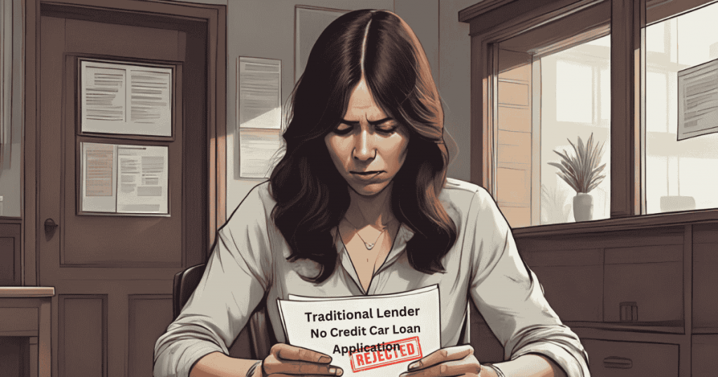 A stressed woman reviewing a rejected application at a traditional lender for a no credit car loan in Fresno