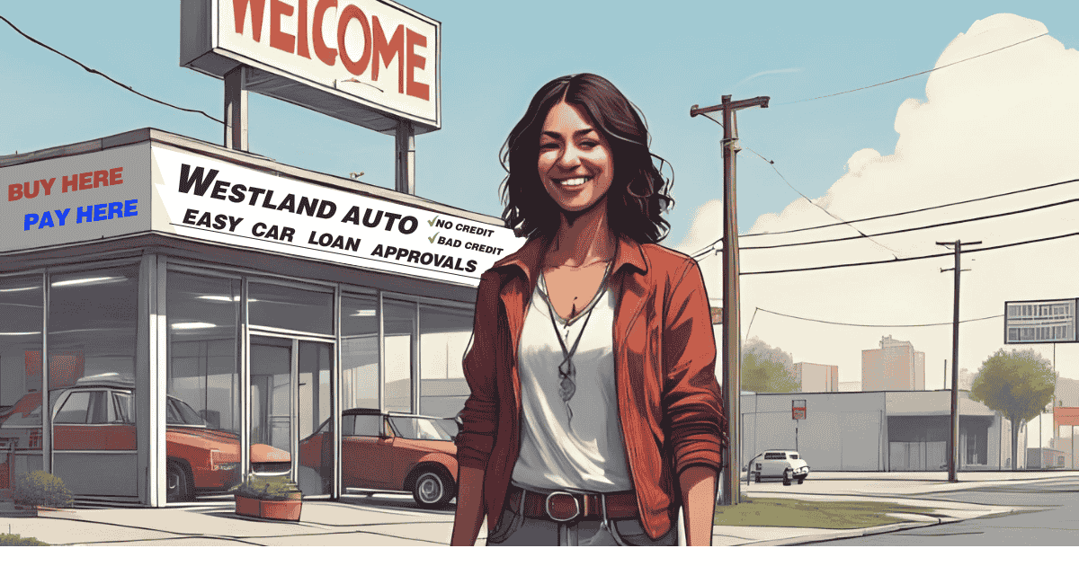 A woman smiling as she stands in front of a dealership confident about her Easy buy here pay here car loan approval process in Fresno
