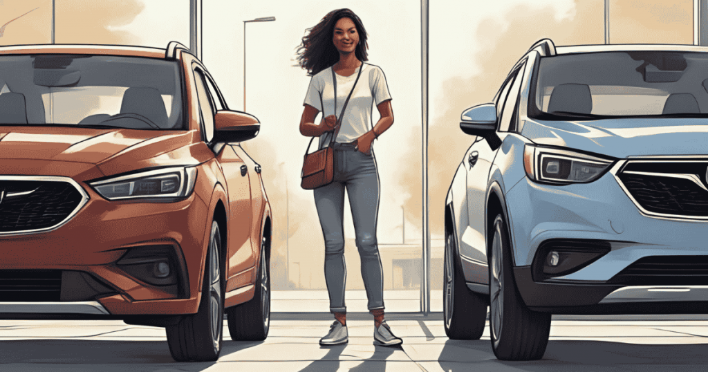 A woman standing between two cars she can get approved for through her fresno buy here pay here auto loan