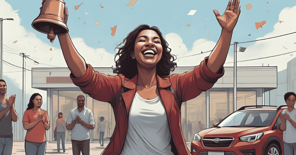 A woman celebrating after getting approved through a buy here pay here car loan in Fresno at Westland Auto