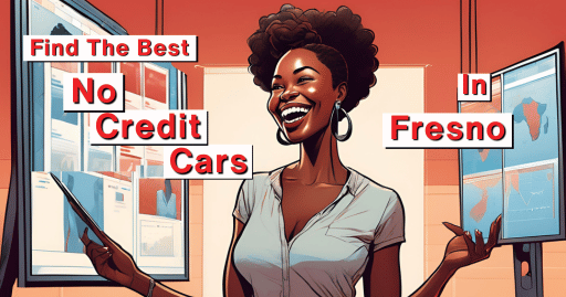 A smiling woman feeling confident in her choices with the words find the best no credit cars in fresno