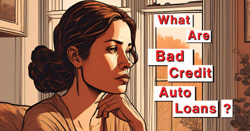 A woman pondering in her home with the words "what are bed credit auto loans?" hovering next to her.
