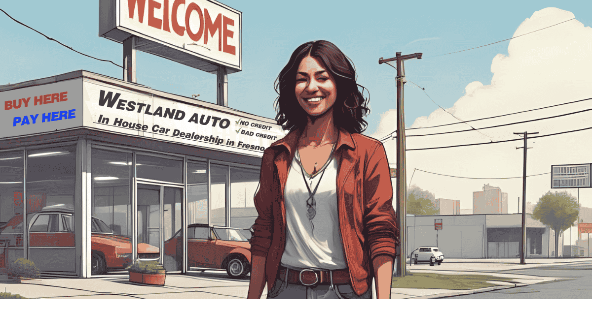 A woman smiling as she stands in front of Westland Autos in house car dealerships in Fresno confident about her easy in house car financing approval process
