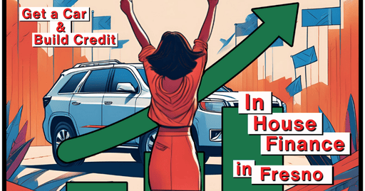 A woman cheering in front of an SUV as an arrow depicts her credit improving with the words get a car & build credit in house finance in fresno