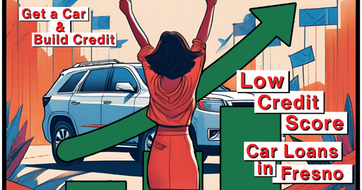 A woman cheering in front of an SUV as an arrow depicts her credit improving with the words get a car & build credit low credit score car loans in fresno